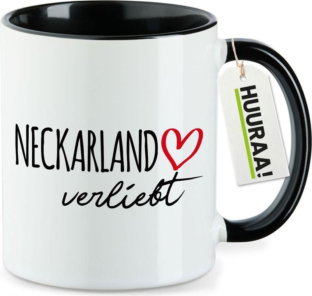 Huuraa Kaffeetasse Neckarland verliebt 330ml Schwarz Keramik Kaffeebecher Geschenkidee