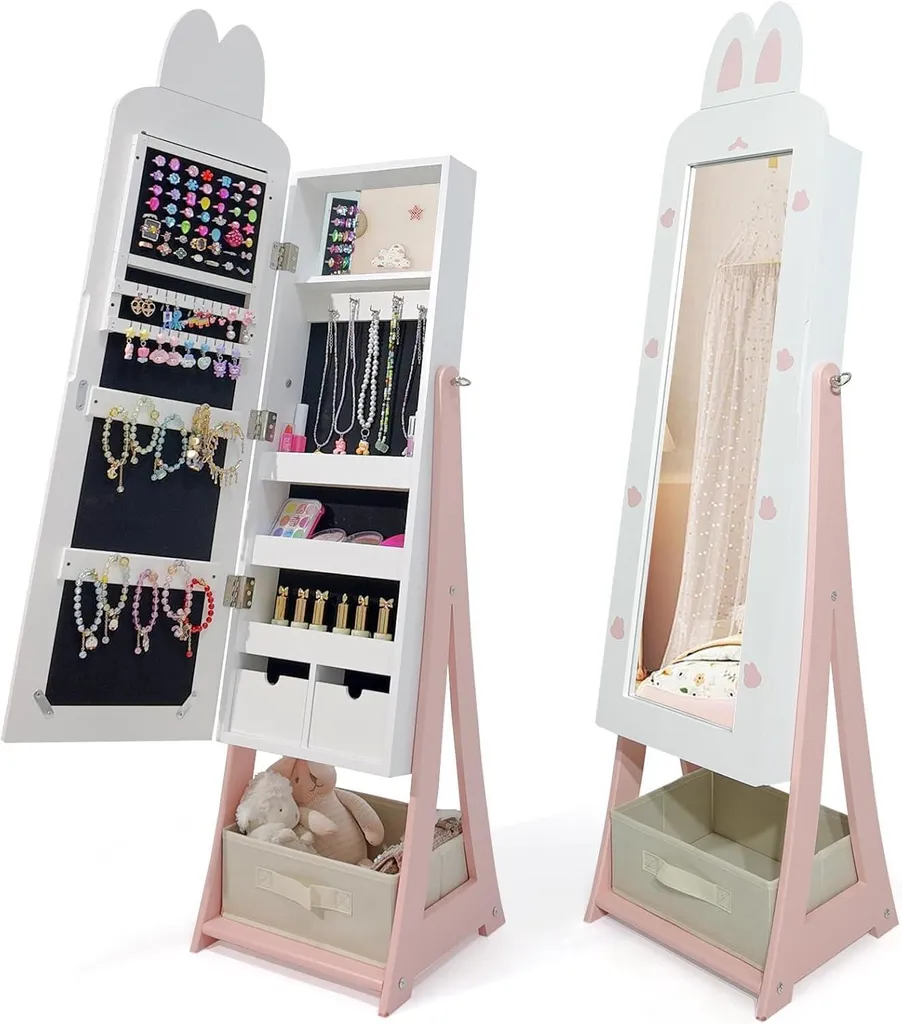 Psyché armoire à bijoux enfant avec rangement et miroir sur pied blanc