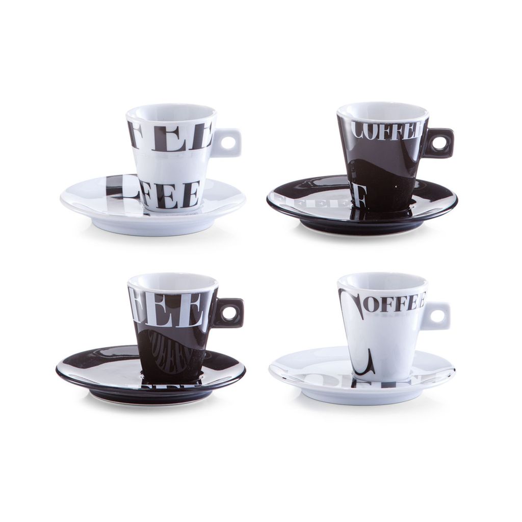 Four espresso cups with saucers, each with the word "Coffee" printed on them.