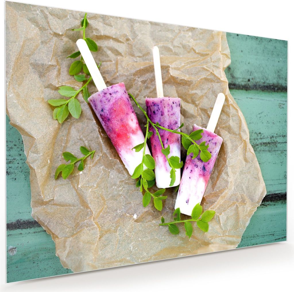 Glasbild Wandbild Eis am Stiel auf Holztisch 80x60cm in XXL für Wohnzimmer, Schlafzimmer, Badezimmer, Flur