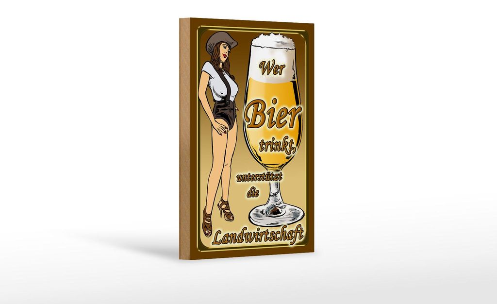 Holzschild Pinup 12x18 cm wer Bier trinkt unterstützt Land