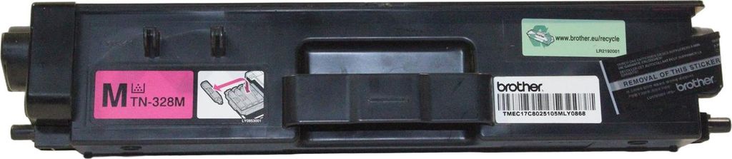 A Brother TN-328M Magenta toner cartridge is shown against a light gray background.