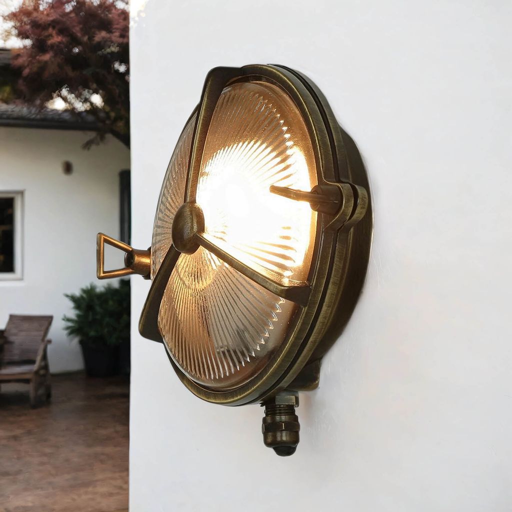 Wetterfeste Wandlampe Messing Glas rund IP64 Maritime Lampe Draußen Haustür Terrasse Balkon