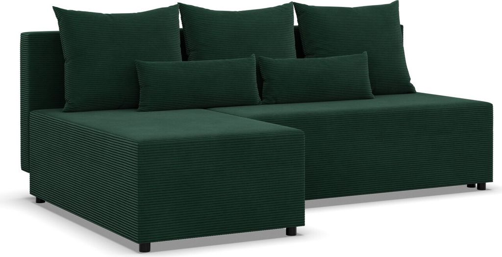 A dark green sectional sofa with multiple cushions.