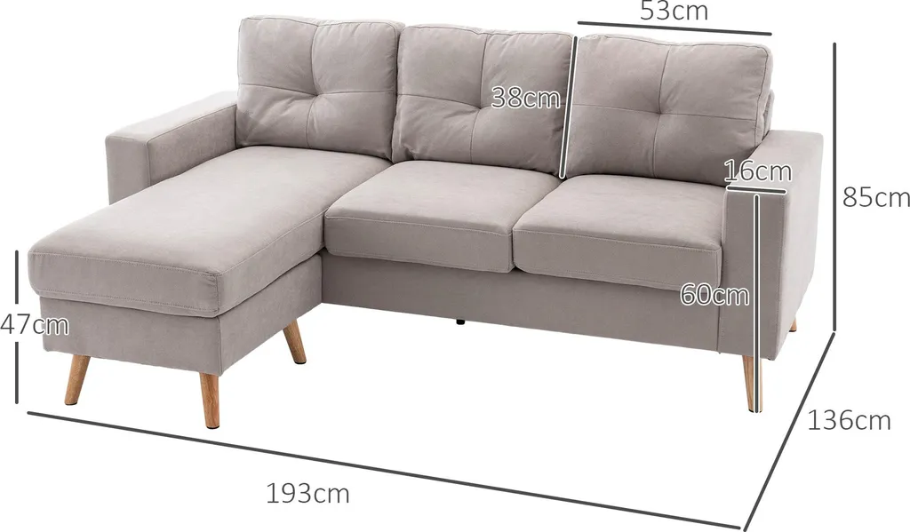Canapé réversible 193 cm en lin gris clair avec pieds en bois massif