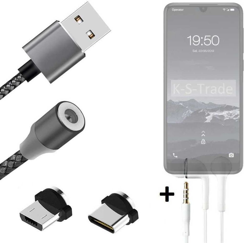 K-S-Trade Hochwertiges Magnet-Lade-kabel Sync-Kabel Daten-Kabel + Kopfhörer für Qilive Q3 mit USB-Typ-C-Anschluss und Micro-USB-Anschluss 2A bis
