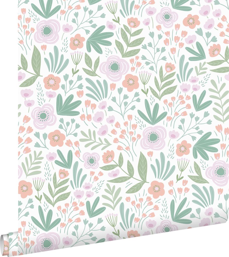 ESTAhome Tapete Blumen Grün, Orange und Violett 50 x 900 cm
