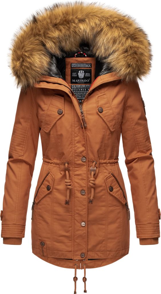 Marikoo La Viva Princess Eleganter Damen Winter Parka mit Kapuze und Kunstpelzbesatz Wintermantel Vegan Rusty Cinnamon Gr. 36 - S