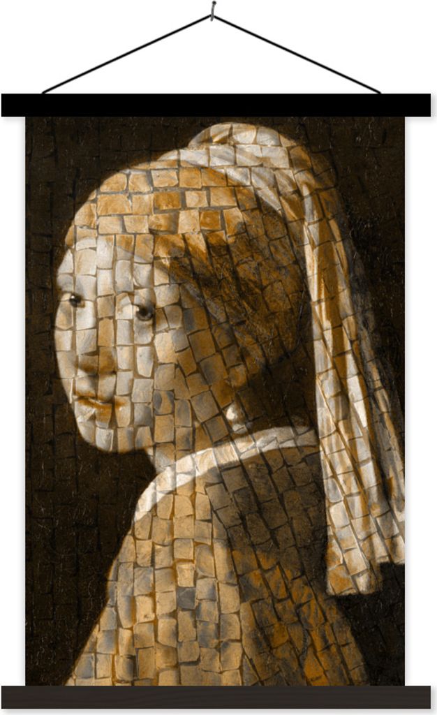MuchoWow Textilposter Das Mädchen mit dem Perlenohrring - Johannes Vermeer - Collage 40x60 cm mit schwarzem Rahmen - Wanddekorationen
