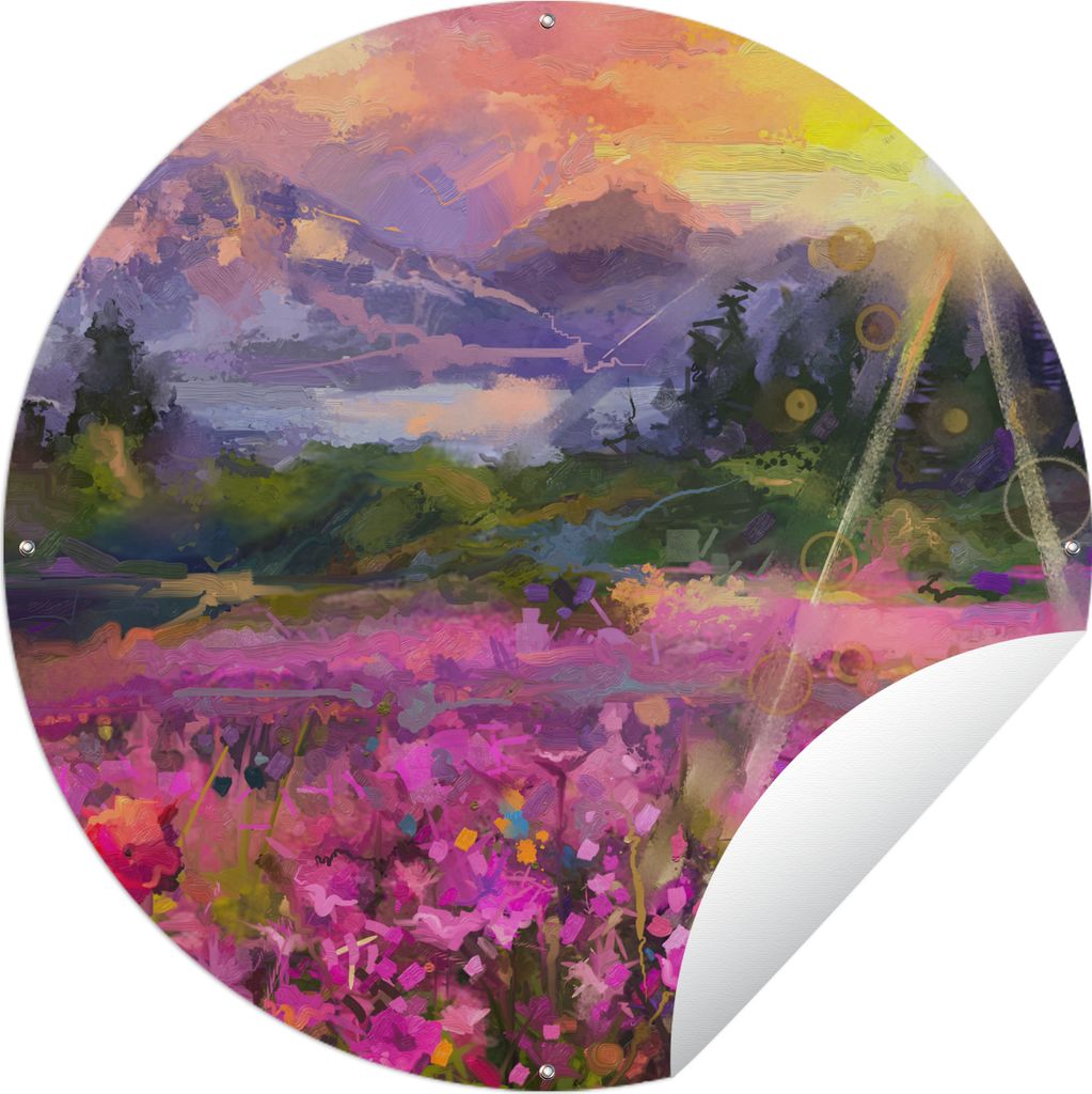 MuchoWow Gartenposter Outdoor-Poster Rund Gemälde - Ölfarbe - Blumen - Natur - Sonne Ø 90 cm Gartendeko Rundes Poster draußen
