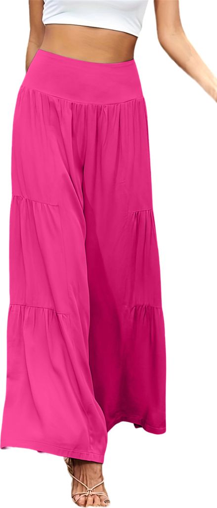 ASKSA Damen Leinenhose Sommer Elegant Hohe Taille Weites Bein Freizeithose Leichte Hosen, Rosarot, Groesse: XXL