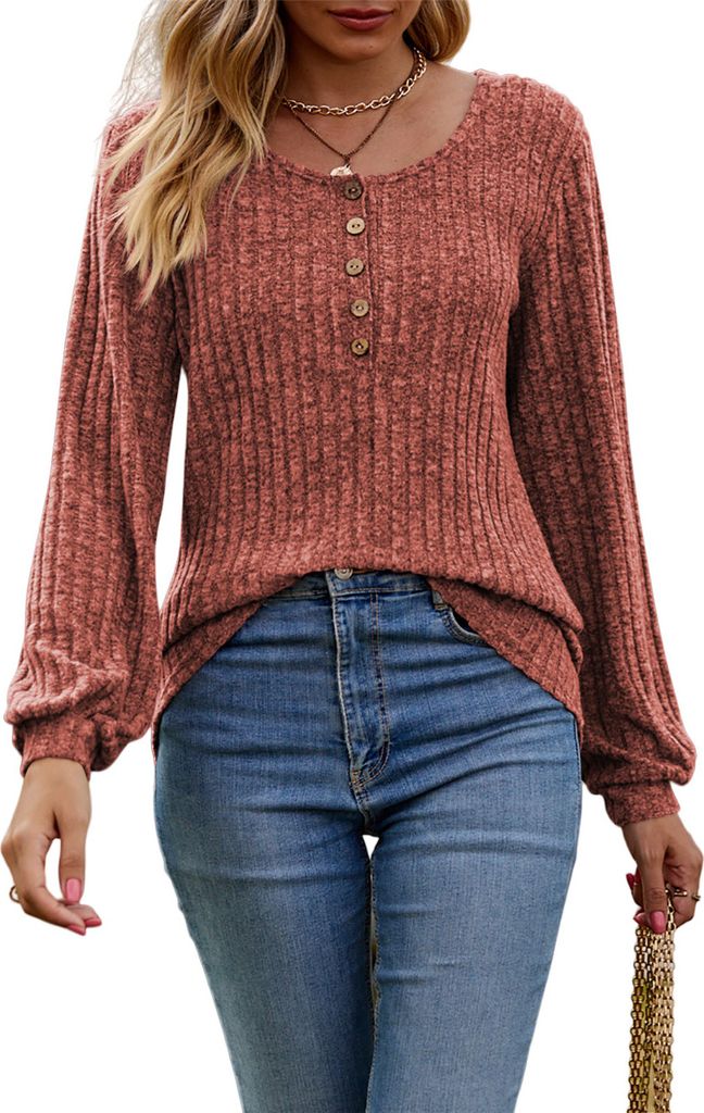 ASKSA Damen Langarmshirt Rundhals Knoepfen Rippstrick Strickpullover Oberteile Tunika Tops Pullover, Ziegelrot, XXL