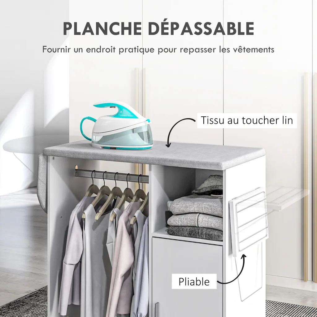 Table à Repasser avec Étagère Réglable et Support Fer à Repasser Blanc
