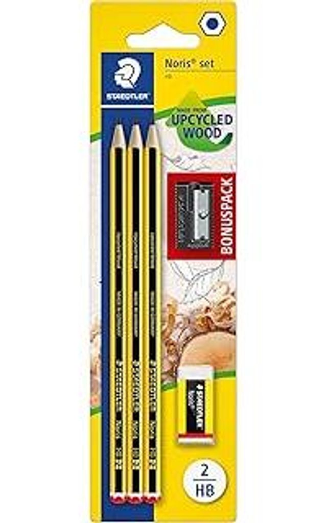 STAEDTLER Bleistifte Noris, HB, sechskant, Set mit 3 unglaublich bruchfesten Bleistiften, 1 Spitzer, 1 Radiergummi, hohe Qualität Germany, 120 SB...