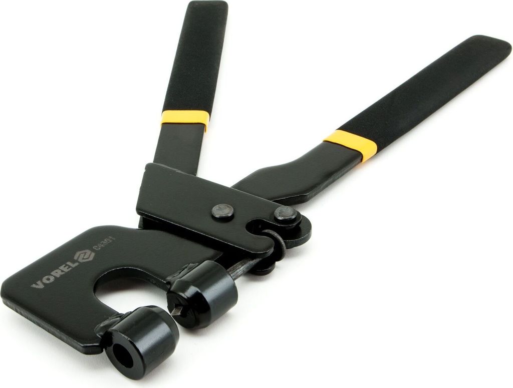 A black metal crimping tool with yellow accents on a white background.
