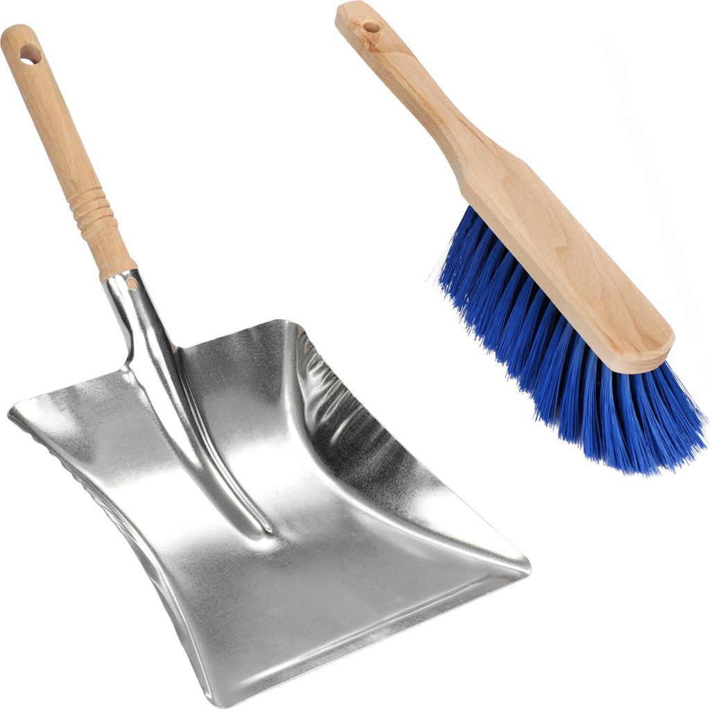 com-four Kehrschaufel Set mit Kehrblech und Handfeger - Kehrgarnitur aus Metall - Kaminschaufel und Kaminbesen mit Holzgriff