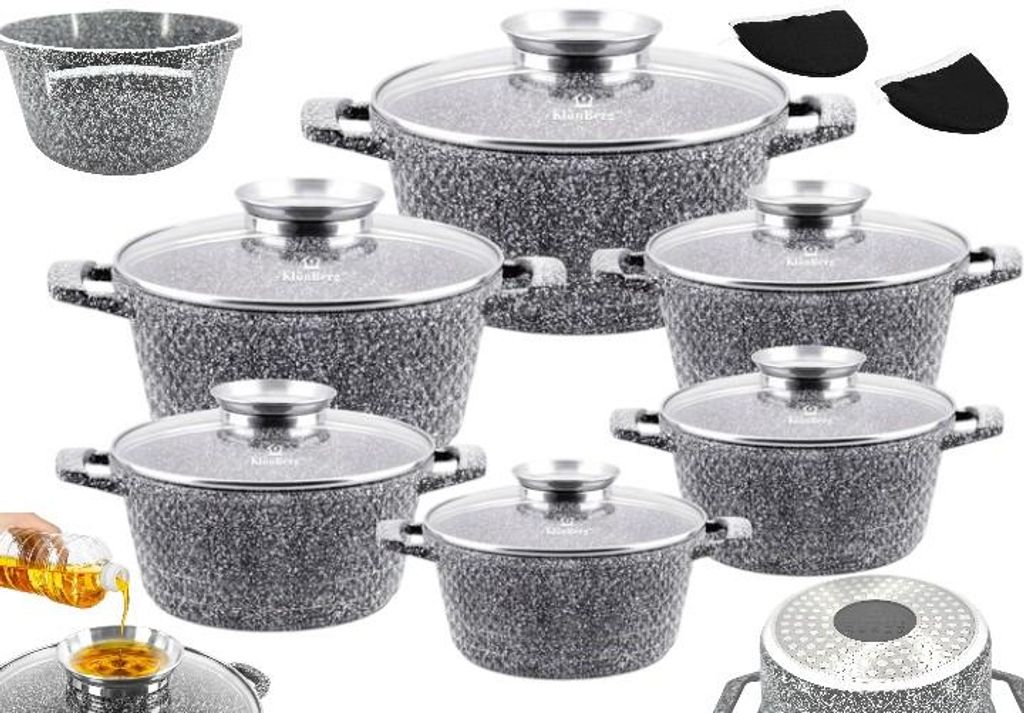 KlönBerg 12-teiliges Topfset | mit marmorierter Beschichtung | Kochtopf | mit Deckel | Antihaftbeschichtung | Induktion | ideal als Geschenk | KB3744