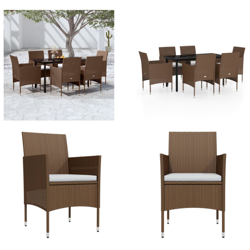 vidaXL 7 tlg. Garten Essgruppe mit Kissen Braun und Schwarz - Garten Essgruppe - Garten Essgruppen - Gartenmöbel Set - Garten Möbelset