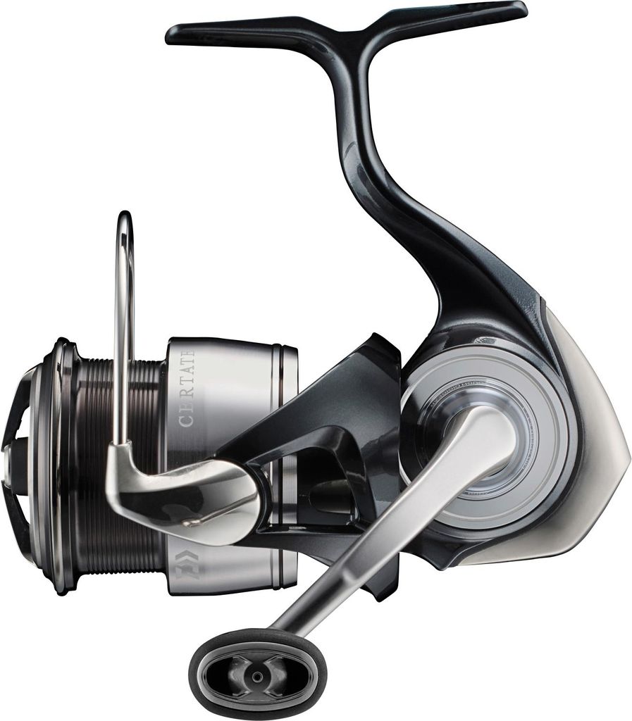 A studio shot of a fishing reel against a white background.