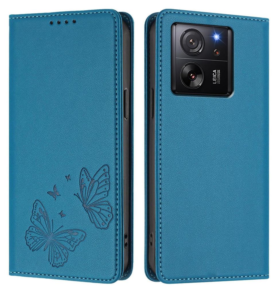 Lederhülle für Xiaomi 13T /Xiaomi 13T Pro, Schmetterling Prägung Leder Brieftasche Schutzhülle mit Ständer Blau