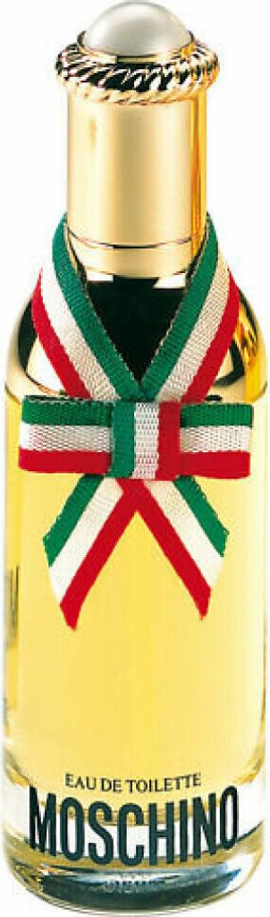 A close-up studio shot of a Moschino Eau de Toilette bottle.
