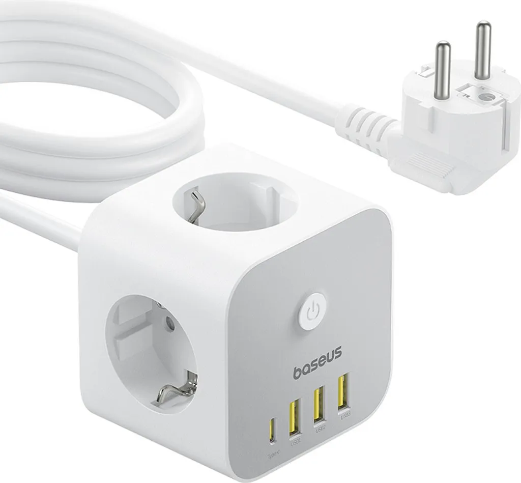 Baseus PowerCombo 7-in-1 ciabatta elettrica a cubo, 3 AC + 3 x USB-A + 1 x USB-C 20W 1,5 m - bianco