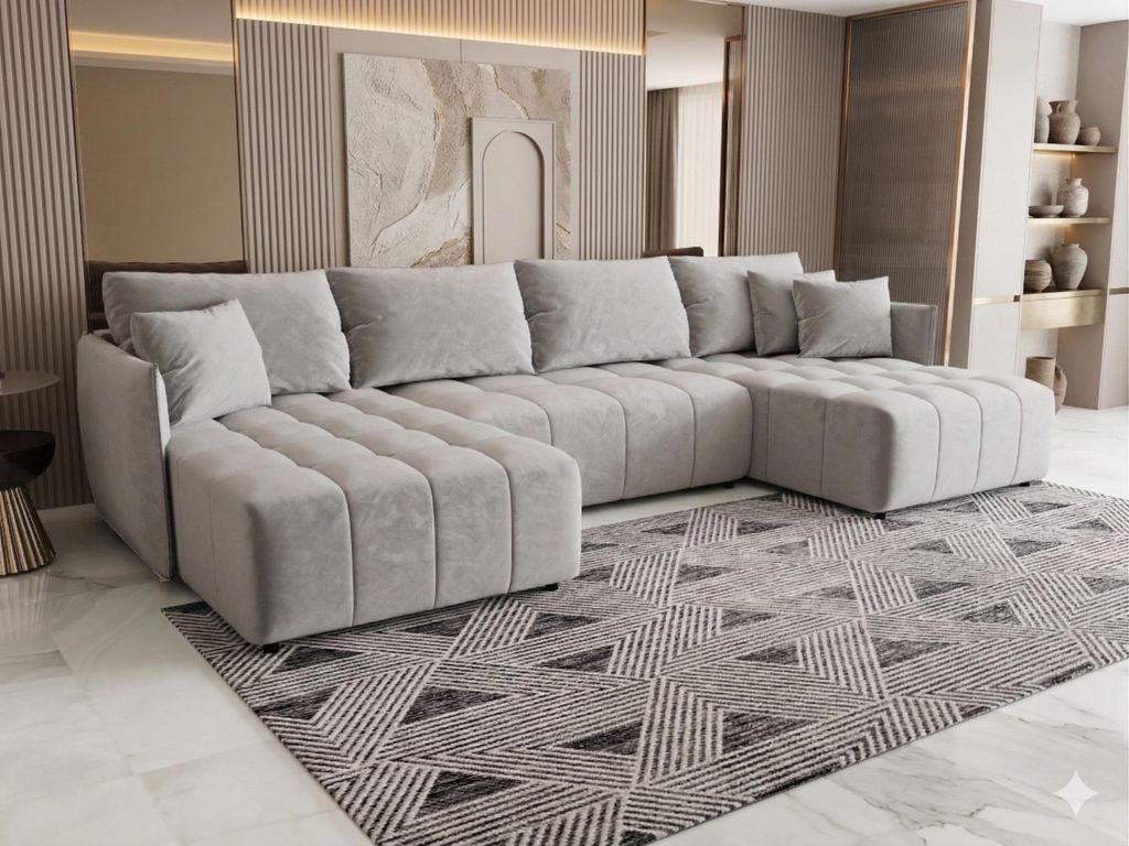 CORNERO Ecksofa mit Schlaffunktion und Bettkasten CHICAGO U-Form Couch mit Stauraum Ecksofa in U-Form Wohnlandschaft mit Bettkasten Velourstoff Hel...