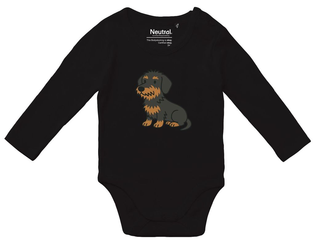 Huuraa Baby Body Rauhaar Dackel Sausage Dog Comic 68 Black Baumwolle Fairtrade Langarmbody Geschenkidee