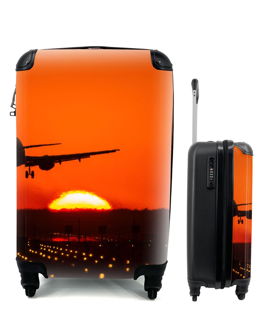 MuchoWow Koffer Handgepäck Trolley Rollkoffer Kleine Reisekoffer mit 4 Rollen - Sonnenuntergang - Flugzeug - Orange - Sonne - Cabin Size < 55x40...