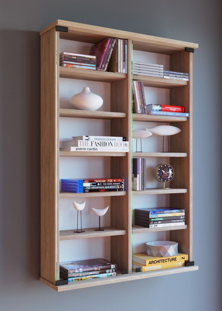 VCM Holz CD DVD Wandregal/Wandvitrine | Vitrine mit 2 ESG-Sicherheitsglastüren. | Maße: H. 92 x B. 60 x T. 18 cm | 10 variable Einlegeböden - Zu...