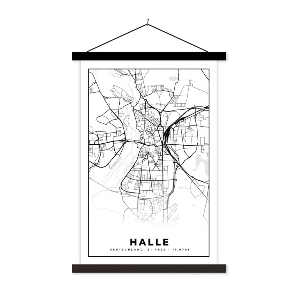 MuchoWow Textilposter Stadtplan - Halle - Karte 120x180 cm mit schwarzem Rahmen - Fotos