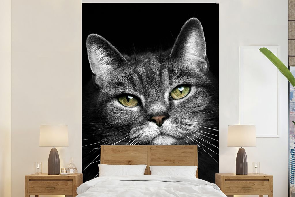 MuchoWow Fototapete für Wohnzimmer oder Schlafzimmer Wandtapete Vinyl Motivtapete Haustiere - Katze - Tiere - Schwarz - Weiß - 145x220 cm - Wan...