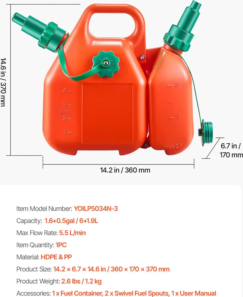 Bidon de carburant double compartiment 6L et 1,9L, débit rapide - 7