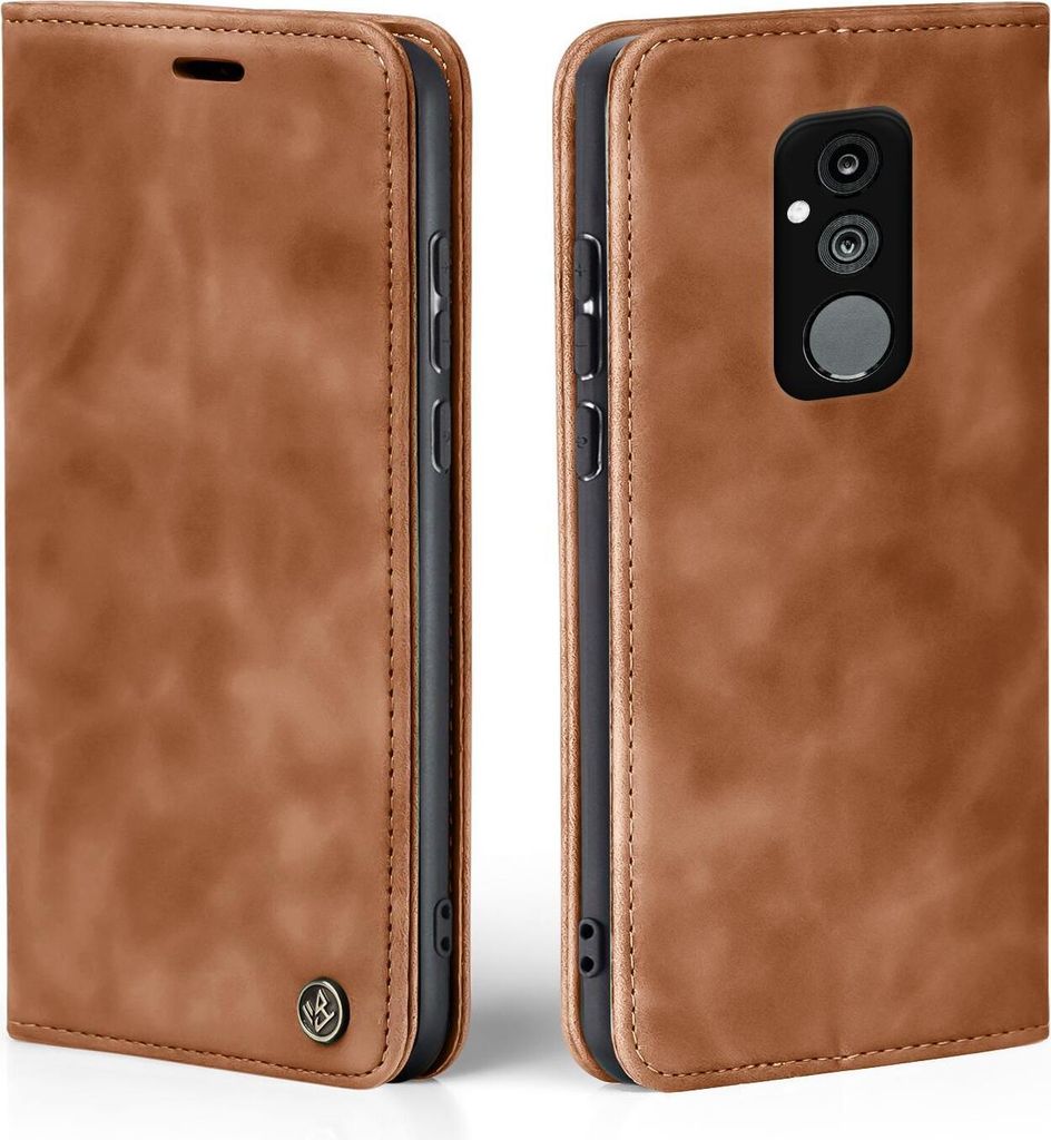 A brown leather flip case for a smartphone, shown from the front and back.