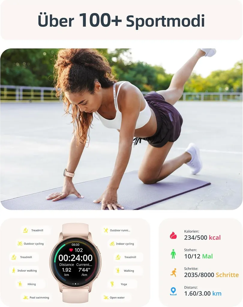 Smartwatch da donna, orologio da nuoto impermeabile 5ATM con funzione telefono, orologio fitness da donna con 100+ modalità sportive, frequenza cardiaca, monitoraggio del sonno, SpO2 - 7