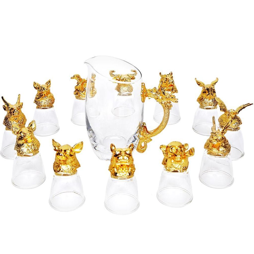 Chinesisches Sternzeichen, Dekanter mit 12 Gläsern - Gold