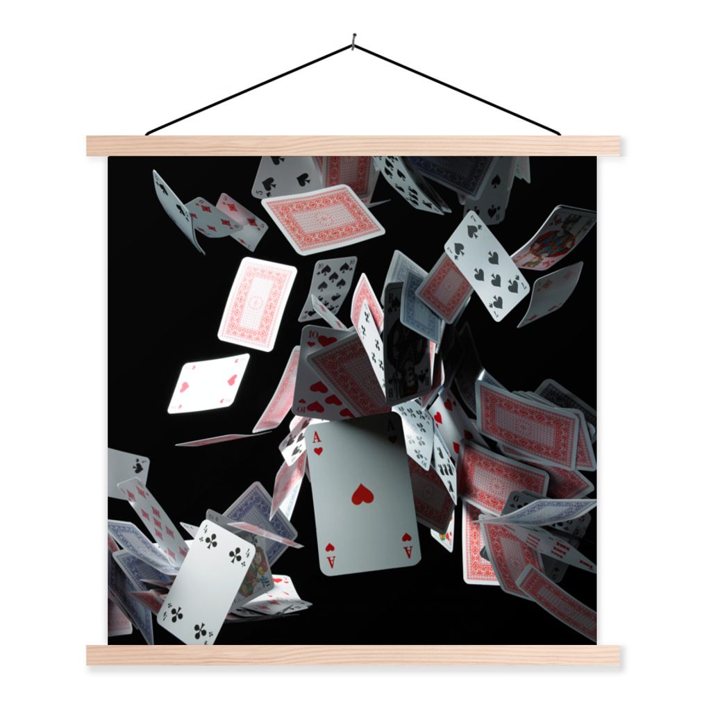 MuchoWow Textilposter Durch die Luft fliegende Spielkarten 120x120 cm mit holzfarbenen Rahmen - Textil-Poster