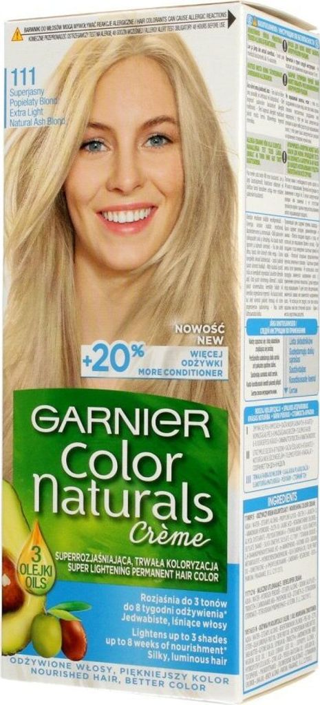 A box of Garnier Color Naturals hair dye, featuring a model with blonde hair and product information.