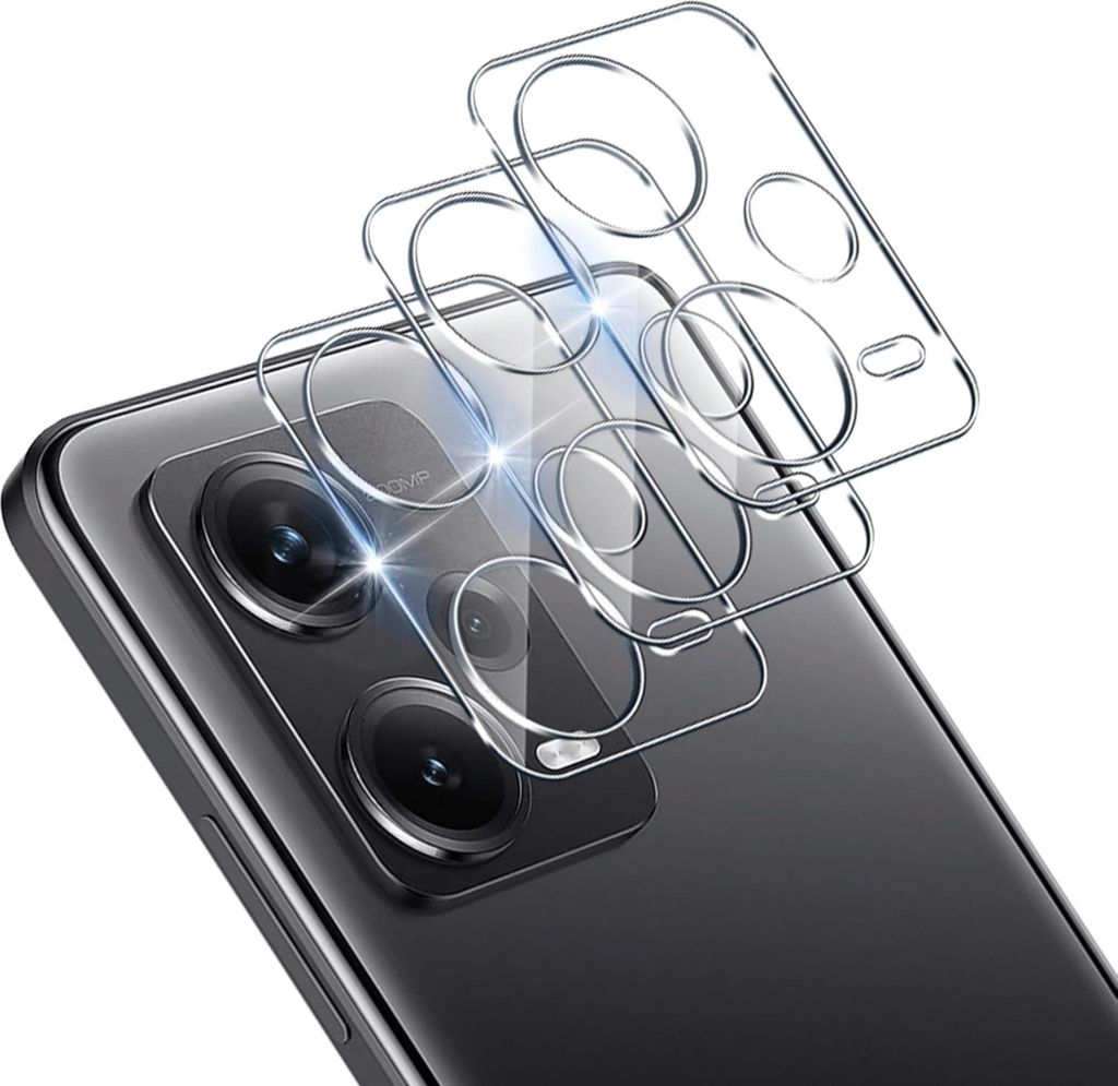 A close-up view of a smartphone's camera lens area with protective glass covers being applied.