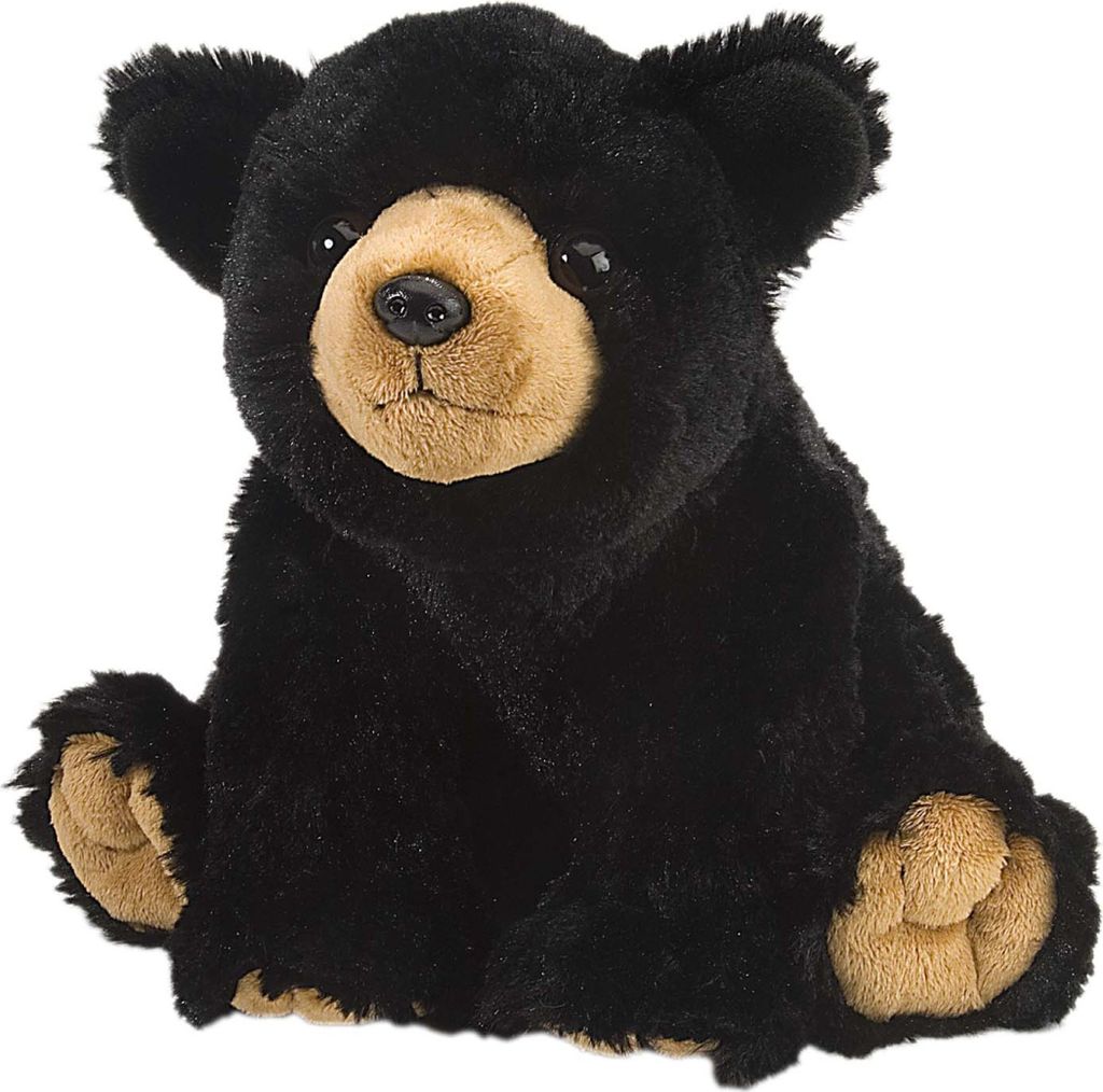A plush black bear toy sitting down.