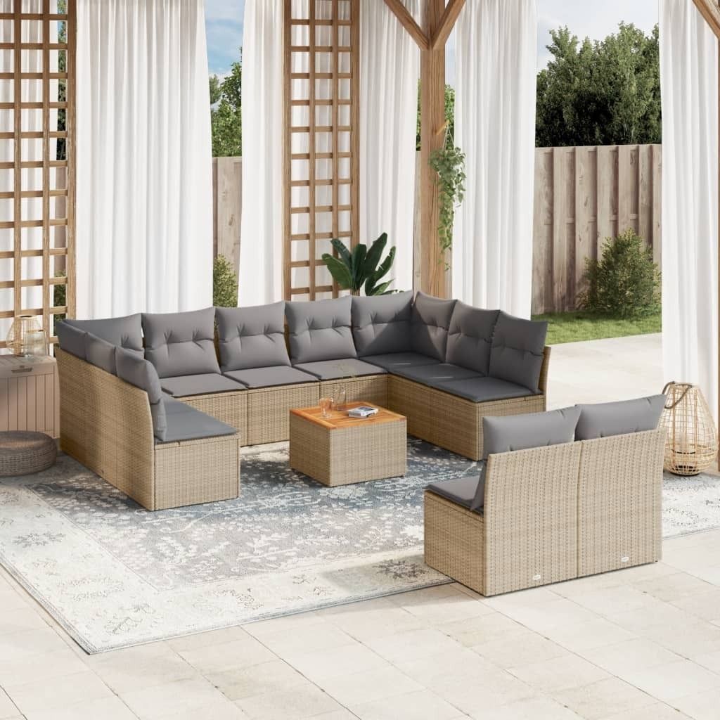Design 12-tlg. Garten-Sofagarnitur mit Kissen Beige Poly Rattan, Gartenmöbel-Sets 2024 Neu