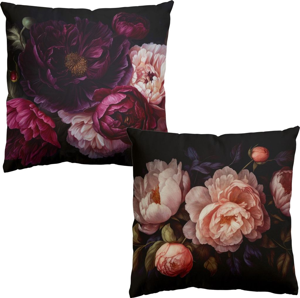 Dekokissen 2-teilig Blumen drinnen / Indoor Zierkissen Samt waschbar Design schwarz Motiv Sofakissen ohne Füllung