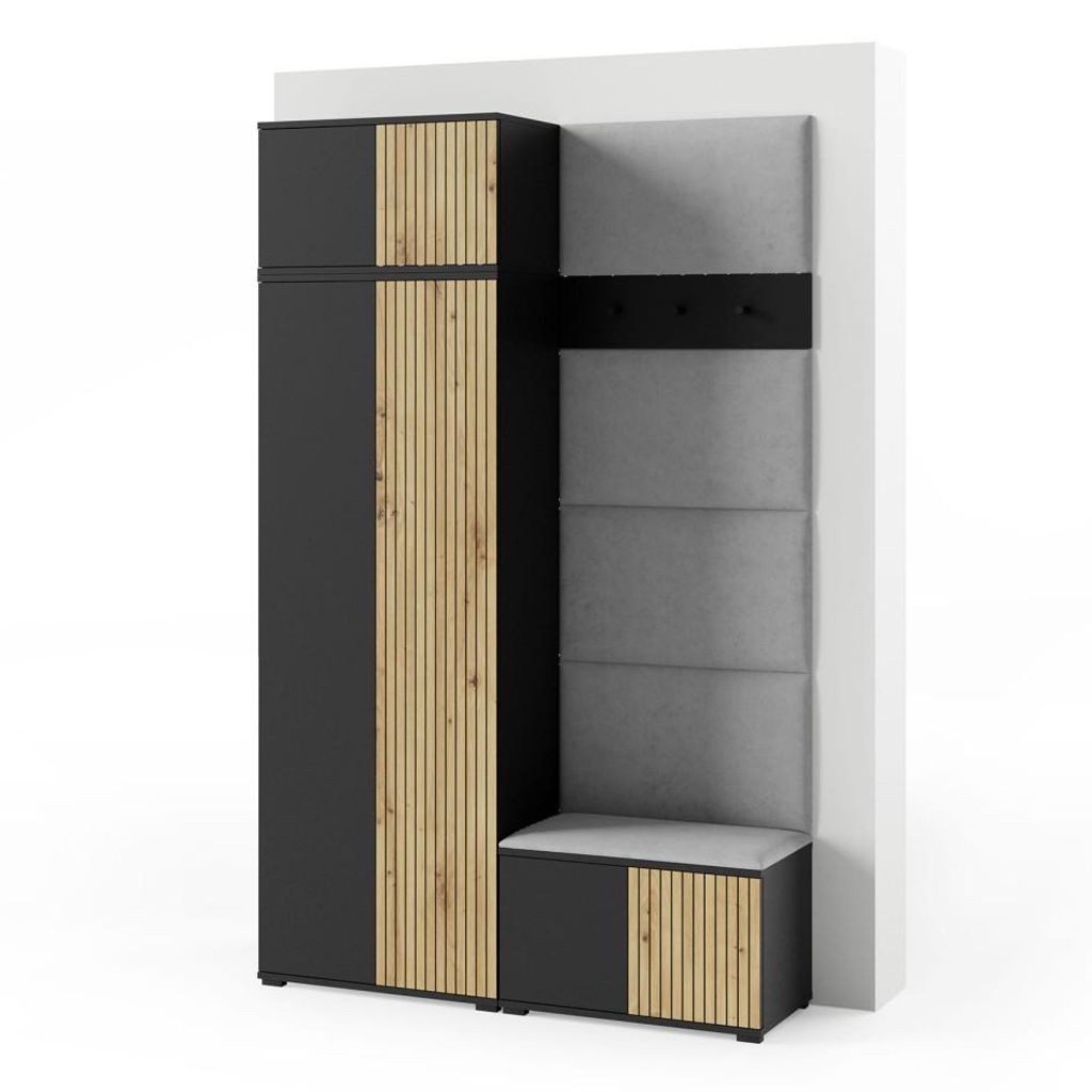 Garderoben-Set Rosario Version 2 mit Lamellen, Kleiderschrank mit Polsterplatten und Schuhschrank (Schwarz / Eiche Artisan, Trinity 14)