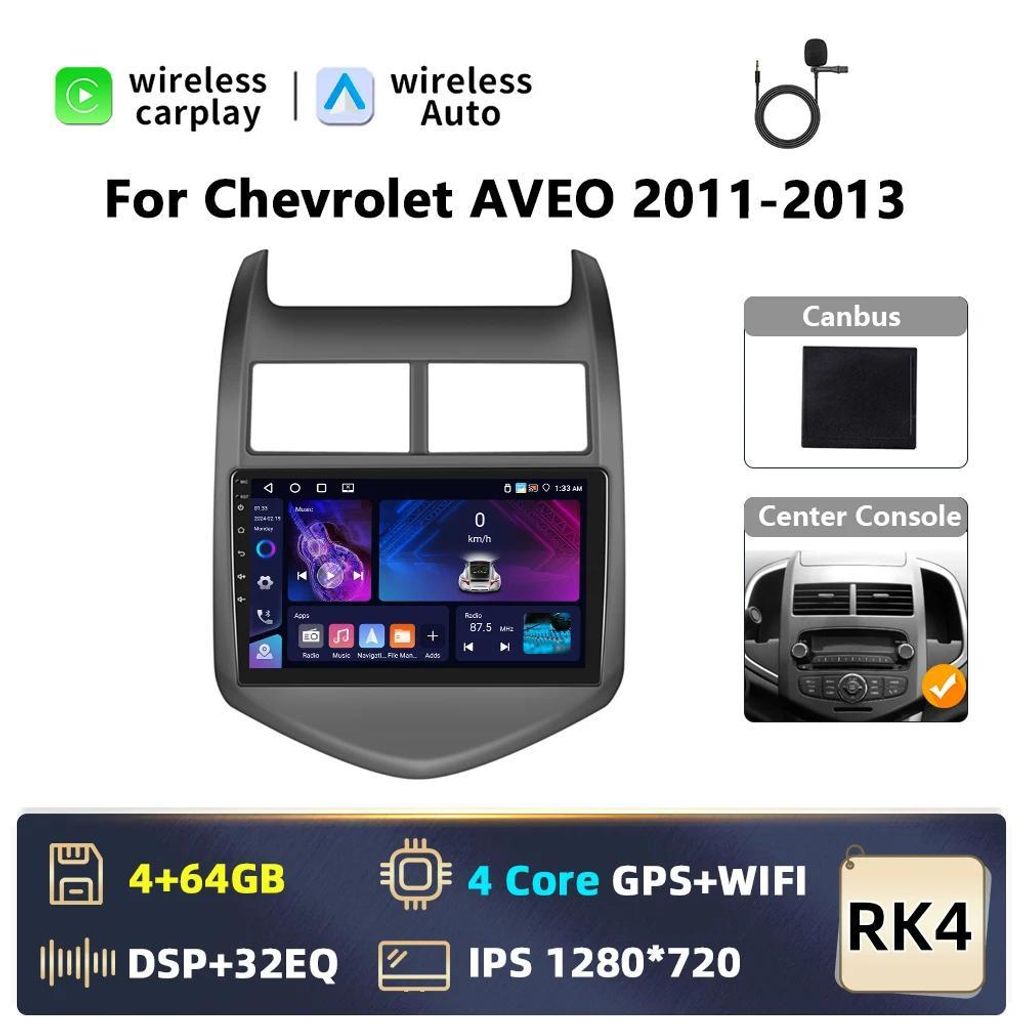 Autoradio für Chevrolet Aveo 2011–2013 - 2-DIN Android RK4 - 23 cm Touchscreen - CarPlay/Android Auto - GPS WLAN BT - 6 GB RAM 128 GB ROM - Weiß