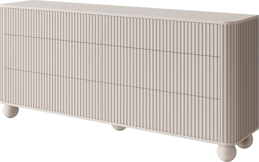 A greige dresser with six drawers on spherical feet, presented against a white background.