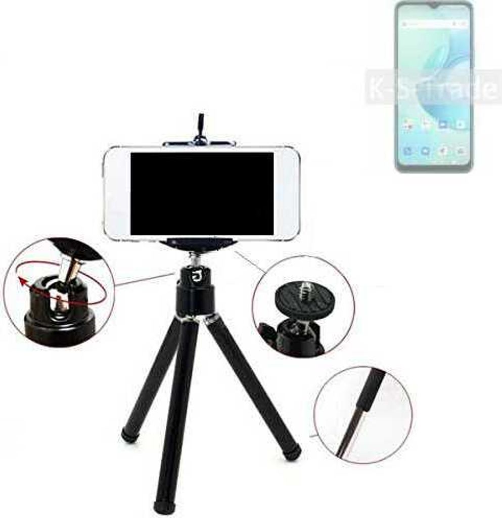 K-S-Trade Smartphone Stativ Dreibein kompatibel mit Wiko T10 Tripod aus Aluminium Klemmstativ Stativ Adapter für Mobiltelefone schwarz 1x