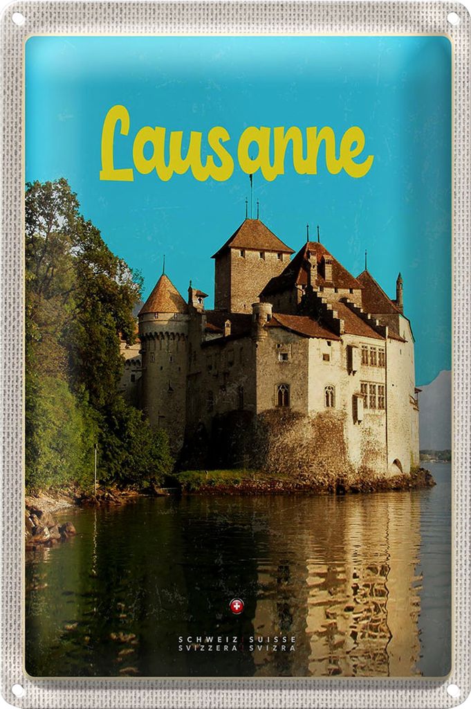 Blechschild Reise 18x12cm Lausanne Schloss See Schweiz Reiseziel
