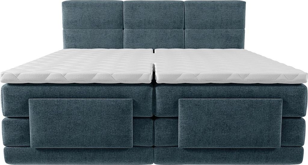 Kontinentale Bettgarnitur mit gestepptem Kopfteil + elektrische Relaxrahmen + Matratzen + Matratzenauflagen - 2 x 90 x 200 cm - Stoff - Blau - Mark...