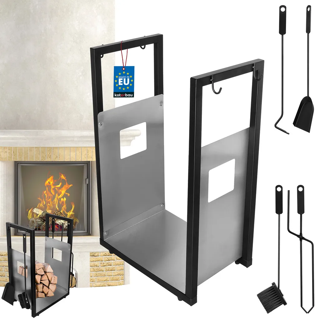 Scaffale Portalegna KOTARBAU® Acciaio Nero - Set Accessori Fuoco 5-in-1