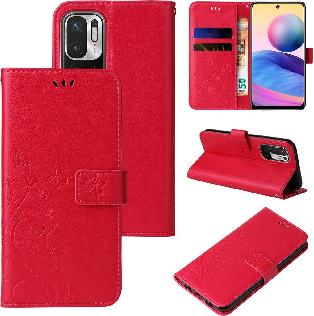 A collage of images showing a red flip phone case with floral and butterfly designs, displaying its features and how it can be used.